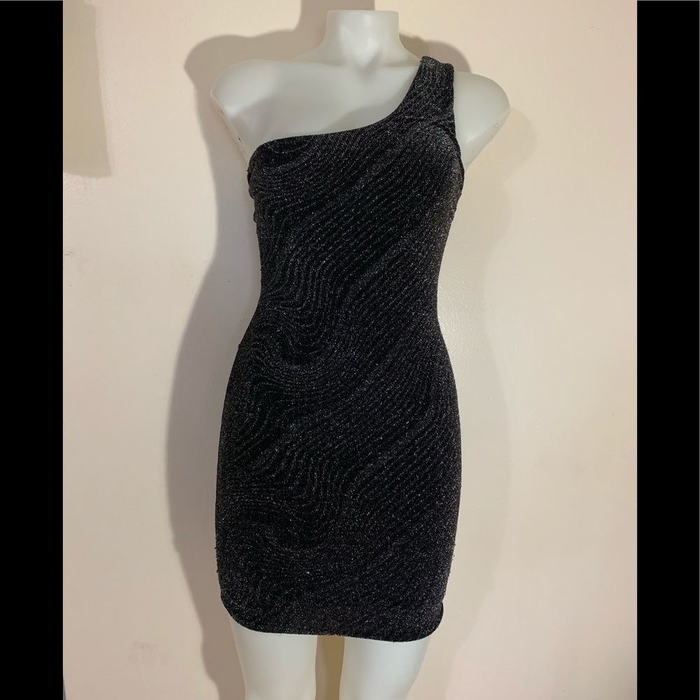 April One Shoulder Black Glitter Dress Sz Med